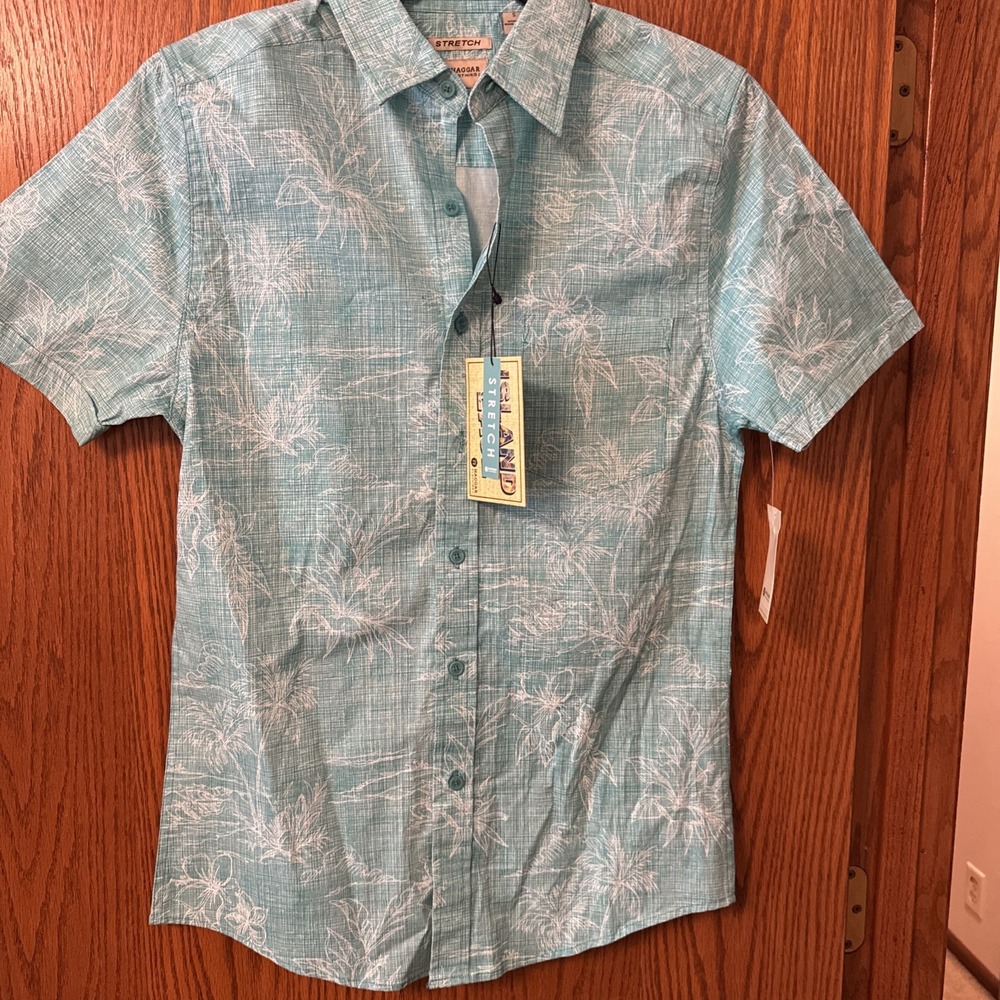 NWT Haggar Island Ease Shirt Small Spectra Green Stretch Palm Print Button Front